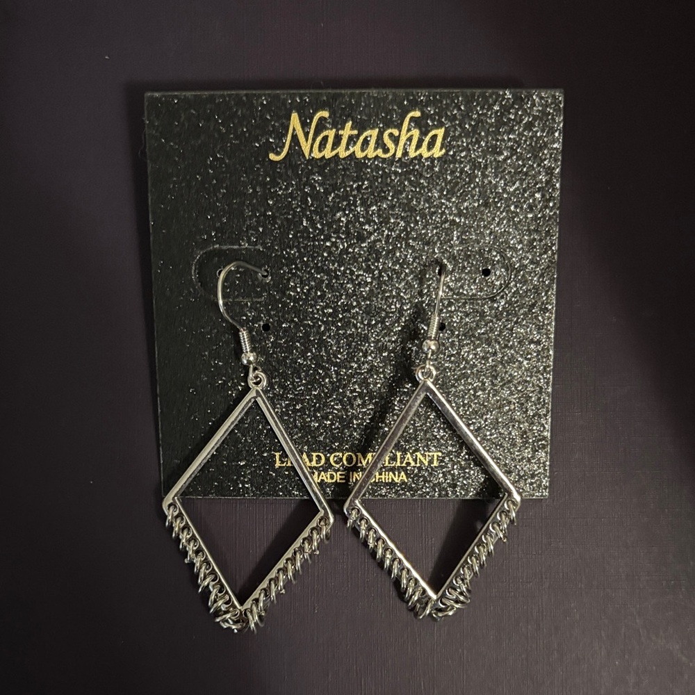 Natasha Couture Silver Diamond-Shaped Earrings